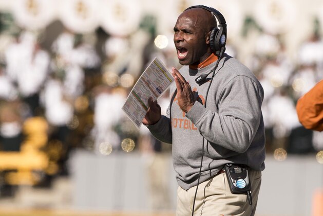 Dec 5, 2015; Waco, TX, USA; Texas Longhorns head coach Charlie Strong yells to his team during the second half against the Baylor Bears at McLane Stadium. The Longhorns defeat the Bears 23-17. Mandatory Credit: Jerome Miron-USA TODAY Sports