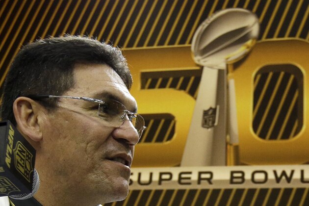 Carolina Panthers head coach Ron Rivera answers a question during Opening Night for the NFL Super Bowl 50 football game Monday, Feb. 1, 2016, in San Jose, Calif. (AP Photo/Jeff Chiu)