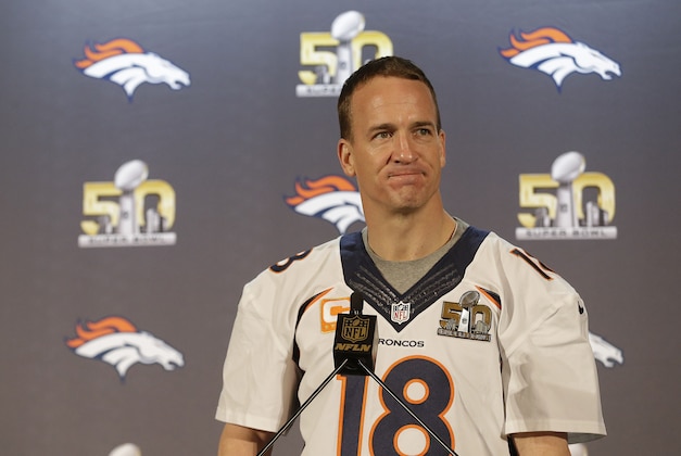 Denver Broncos quarterback Peyton Manning speaks to reporters in Santa Clara, Calif., Wednesday, Feb. 3, 2016. The Denver Broncos will play the Carolina Panthers in Super Bowl 50 Sunday, Feb. 7, 2016. (AP Photo/Jeff Chiu)