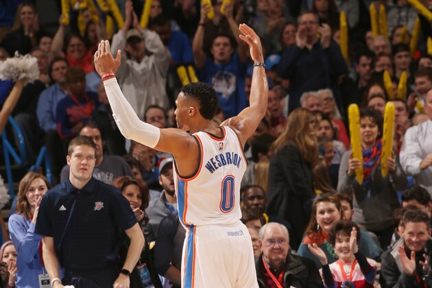 OKLAHOMA CITY, OK- FEBRUARY 3:  Russell Westbrook #0 of the Oklahoma City Thunder celebrates during the game against the Orlando Magic on February 3, 2016 at Chesapeake Energy Arena in Oklahoma City, Oklahoma. NOTE TO USER: User expressly acknowledges and agrees that, by downloading and or using this photograph, User is consenting to the terms and conditions of the Getty Images License Agreement. Mandatory Copyright Notice: Copyright 2016 NBAE (Photo by Layne Murdoch/NBAE via Getty Images)