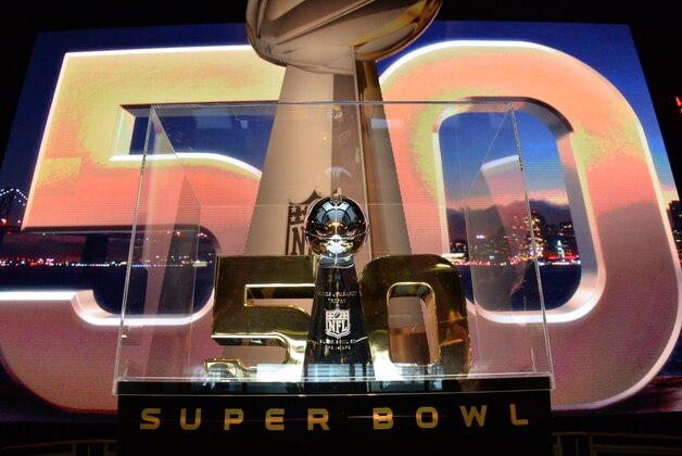 Feb 3, 2016; San Francisco, CA, USA; General view of the Super Bowl 50 Lombardi Trophy at the NFL Experience at the Moscone Center. Mandatory Credit: Kirby Lee-USA TODAY Sports