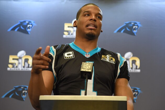 SAN JOSE, CA - FEBRUARY 03:  Quarterback Cam Newton #1 of the Carolina Panther addresses the media prior to Super Bowl 50 at the San Jose Convention Center/ San Jose Marriott on February 3, 2016 in San Jose, California.  (Photo by Thearon W. Henderson/Getty Images)