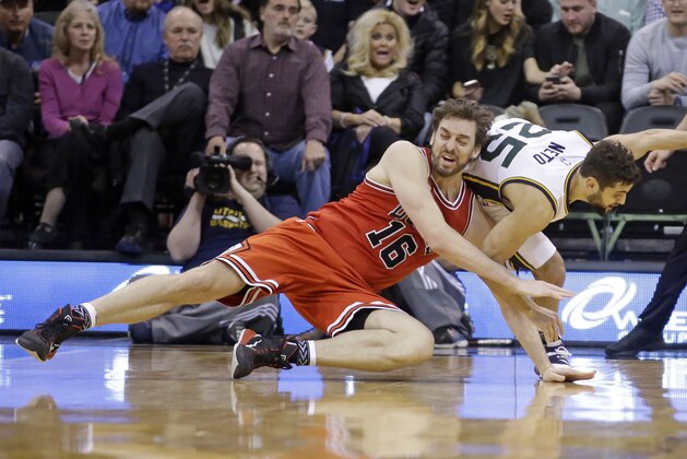 Chicago Bulls center Pau Gasol (16) and Utah Jazz guard Raul Neto (25) dive for a loose ball during overtime in an NBA basketball game Monday, Feb. 1, 2016, in Salt Lake City. The Jazz won 105-96 in overtime. (AP Photo/Rick Bowmer)