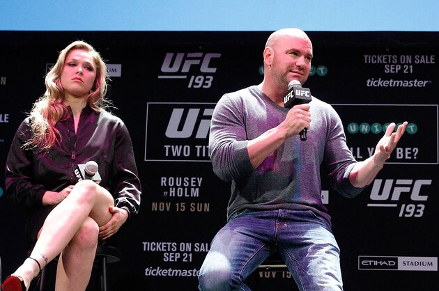 SYDNEY, AUSTRALIA - SEPTEMBER 17:  Ronda Rousey, Dana White and Holly Holm speak during a UFC 193 Sydney Fan Event on September 17, 2015 in Sydney, Australia.  (Photo by Brendon Thorne/Zuffa LLC/Zuffa LLC via Getty Images)