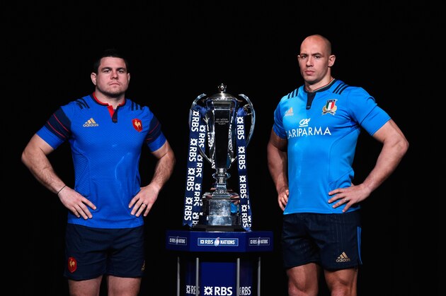 LONDON, ENGLAND - JANUARY 27:  Guilhem Guirado, captain of France and Sergio Parisse, captain of Italy pose with the trophy during the RBS Six Nations launch at The Hurlingham Club on January 27, 2016 in London, England.  (Photo by Stu Forster/Getty Images)
