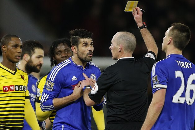 Chelsea's Diego Costa gets shown the yellow card during the English Premier League soccer match between Watford and Chelsea at the Vicarage Road stadium in London, Wednesday, Feb. 3, 2016.(AP Photo/Frank Augstein)