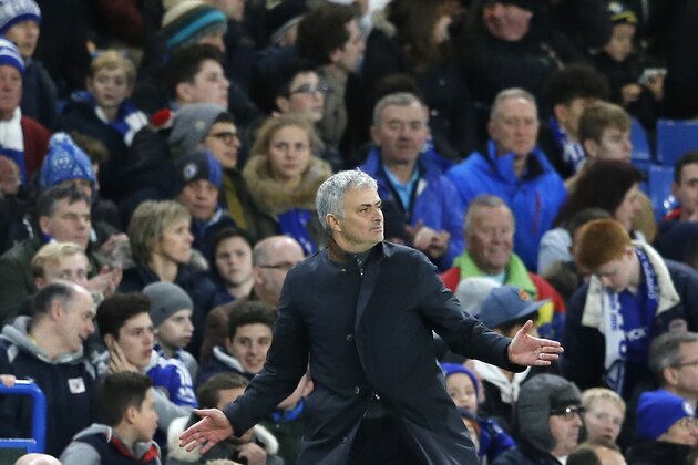 Chelsea manager Jose Mourinho gestures during the Champions League group G soccer match between Chelsea and FC Porto at Stamford Bridge stadium in London, Wednesday, Dec. 9, 2015.(AP Photo/Frank Augstein)