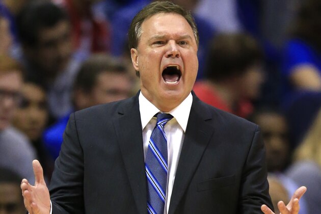 Kansas coach Bill Self yells to his team during the second half of an NCAA college basketball game against Kansas State in Lawrence, Kan., Wednesday, Feb. 3, 2016. Kansas defeated Kansas State 77-59. (AP Photo/Orlin Wagner)