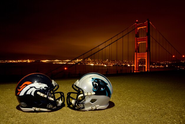 Feb 3, 2016; San Francisco, CA, USA; General view of Denver Broncos and Carolina Panthers helmets overlooking the Golden Gate bridge and downtown San Francisco skyline. Mandatory Credit: Kirby Lee-USA TODAY Sports