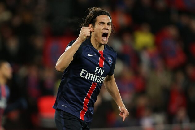 PARIS, FRANCE - FEBRUARY 3: Edinson Cavani of PSG celebrates scoring a goal during the French Ligue 1 match between Paris Saint-Germain (PSG) and FC Lorient at Parc des Princes stadium on February 6, 2016 in Paris, France. (Photo by Jean Catuffe/Getty Images)