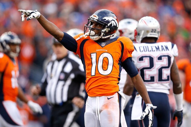 DENVER, CO - JANUARY 24:  Emmanuel Sanders #10 of the Denver Broncos reacts after a first down in the second half against the New England Patriots in the AFC Championship game at Sports Authority Field at Mile High on January 24, 2016 in Denver, Colorado.  (Photo by Ezra Shaw/Getty Images)