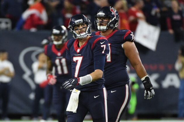 Houston Texans quarterback Brian Hoyer (7) is shown during the second half of an NFL wild-card playoff football game Saturday, Jan. 9, 2016, in Houston. Kansas  City won 30-0. (AP Photo/Eric Christian Smith)