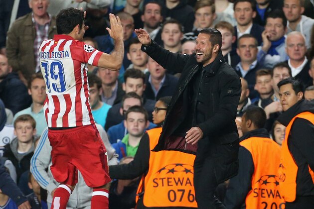 LONDON, ENGLAND - APRIL 30: Diego Costa (L) of Atletico de Madrid celebrates his goal with his coach Diego Simeone during the UEFA Champions League semi final second leg match between Chelsea FC and Club Atletico de Madrid at Stamford Bridge stadium on April 30, 2014 in London, England, United Kingdom. (Photo by Jean Catuffe/Getty Images)