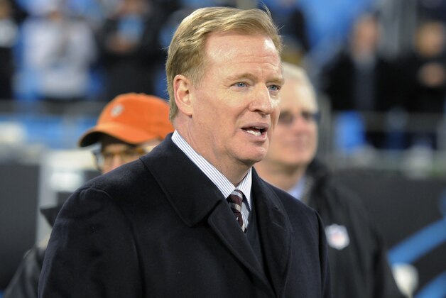 NFL Commissioner Roger Goodell on the sidelines before the NFL football NFC Championship game between the Carolina Panthers and the Arizona Cardinals Sunday, Jan. 24, 2016, in Charlotte, N.C. (AP Photo/Mike McCarn)