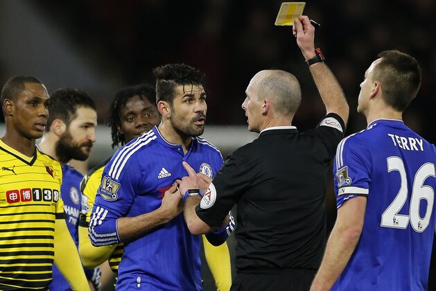 Chelsea's Diego Costa gets shown the yellow card during the English Premier League soccer match between Watford and Chelsea at the Vicarage Road stadium in London, Wednesday, Feb. 3, 2016.(AP Photo/Frank Augstein)