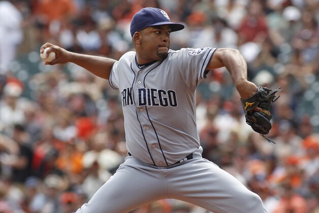 San Diego Padres pitcher Odrisamer Despaigne throws to the San Francisco Giants during the first inning of a baseball game, Sunday, Sept. 13, 2015, in San Francisco. (AP Photo/George Nikitin)