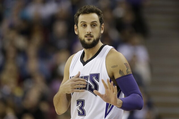 Sacramento Kings guard Marco Belinelli, of Italy during the first quarter of an NBA basketball game against the Utah Jazz in Sacramento, Calif., Tuesday, Dec. 8, 2015.(AP Photo/Rich Pedroncelli)