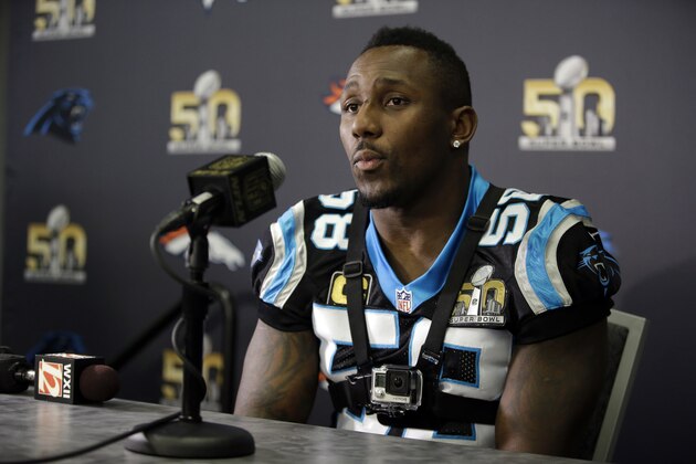Carolina Panthers outside linebacker Thomas Davis (58) during a press conference Wednesday, Feb. 3, 2016 in San Jose, Calif. Carolina plays the Denver Broncos in the NFL Super Bowl 50 football game Sunday, Feb. 7, 2015, in Santa Clara, Calif. (AP Photo/Marcio Jose Sanchez)