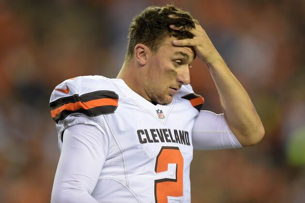 Nov 5, 2015; Cincinnati, OH, USA; Cleveland Browns quarterback Johnny Manziel (2) reacts during an NFL football game against the Cincinnati Bengals at Paul Brown Stadium. Mandatory Credit: Kirby Lee-USA TODAY Sports