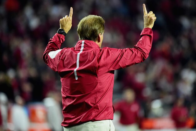 GLENDALE, AZ - JANUARY 11:  Head coach Nick Saban of the Alabama Crimson Tide looks on prior to the 2016 College Football Playoff National Championship Game against the Clemson Tigers at University of Phoenix Stadium on January 11, 2016 in Glendale, Arizona.  (Photo by Harry How/Getty Images)