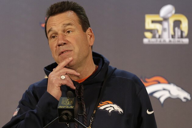 Denver Broncos head coach Gary Kubiak speaks to reporters in Santa Clara, Calif., Wednesday, Feb. 3, 2016. The Denver Broncos will play the Carolina Panthers in Super Bowl 50 Sunday, Feb. 7, 2016. (AP Photo/Jeff Chiu)