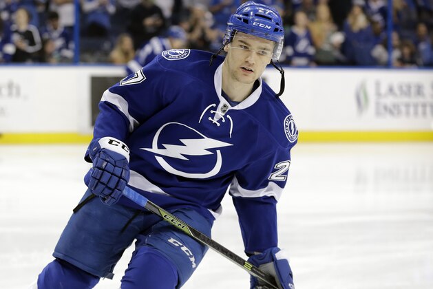 Tampa Bay Lightning left wing Jonathan Drouin before an NHL hockey game against the New York Rangers Wednesday, Dec. 30, 2015, in Tampa, Fla. (AP Photo/Chris O'Meara)