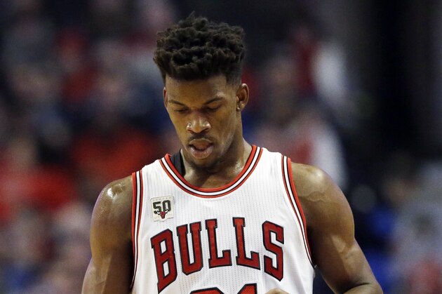 Chicago Bulls guard/forward Jimmy Butler reacts after missing a basket during the first half of an NBA basketball game against the Dallas Mavericks, Friday, Jan. 15, 2016, in Chicago. (AP Photo/Nam Y. Huh)