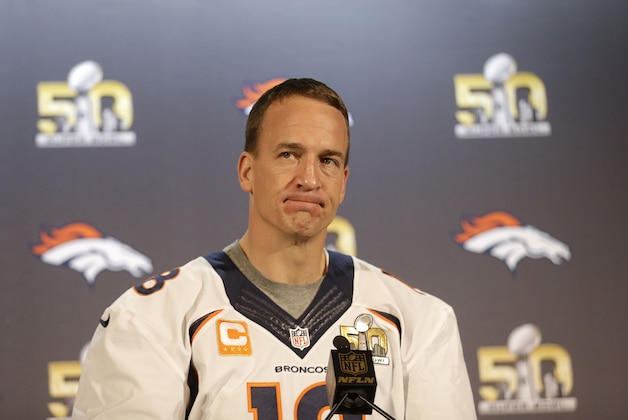 Denver Broncos quarterback Peyton Manning speaks to reporters in Santa Clara, Calif., Thursday, Feb. 4, 2016. (AP Photo/Jeff Chiu)