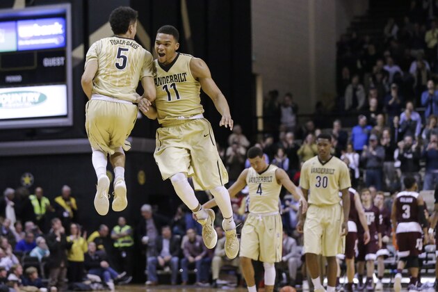 Vanderbilt guard Matthew Fisher-Davis (5) and forward Jeff Roberson (11) celebrate late in the second half of an NCAA college basketball game against Texas A&M Thursday, Feb. 4, 2016, in Nashville, Tenn. Vanderbilt won 77-60. (AP Photo/Mark Humphrey)