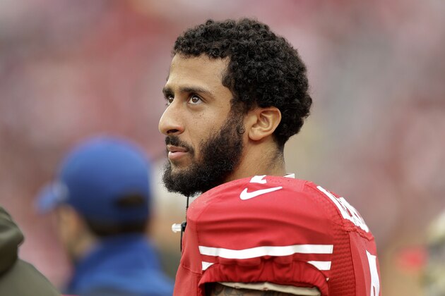 FILE - In this Nov. 8, 2015, file photo, San Francisco 49ers quarterback Colin Kaepernick (7) stands on the sideline during the first half of an NFL football game against the Atlanta Falcons in Santa Clara, Calif. 49ers quarterback Colin Kaepernick has a torn ligament in the thumb on his throwing hand and surgery has been recommended. That could happen as soon as this week once he receives a second opinion on the injury. (AP Photo/Ben Margot, File)