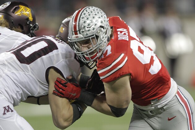 Ohio State defensive lineman Joey Bosa plays against Minnesota during an NCAA college football game Saturday, Nov. 7, 2015, in Columbus, Ohio. (AP Photo/Jay LaPrete)