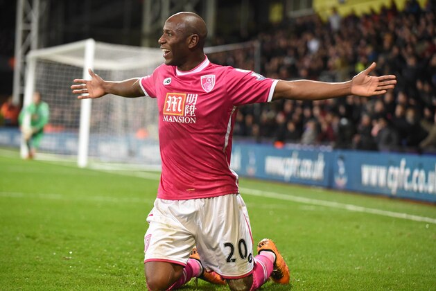 Bournemouth's English striker Benik Afobe celebrates after scoring their second goal during the English Premier League football match between Crystal Palace and Bournemouth at Selhurst Park in south London on February 2, 2016. Bournemouth won the game 2-0.  / AFP / OLLY GREENWOOD / RESTRICTED TO EDITORIAL USE. No use with unauthorized audio, video, data, fixture lists, club/league logos or 'live' services. Online in-match use limited to 75 images, no video emulation. No use in betting, games or single club/league/player publications.  /         (Photo credit should read OLLY GREENWOOD/AFP/Getty Images)