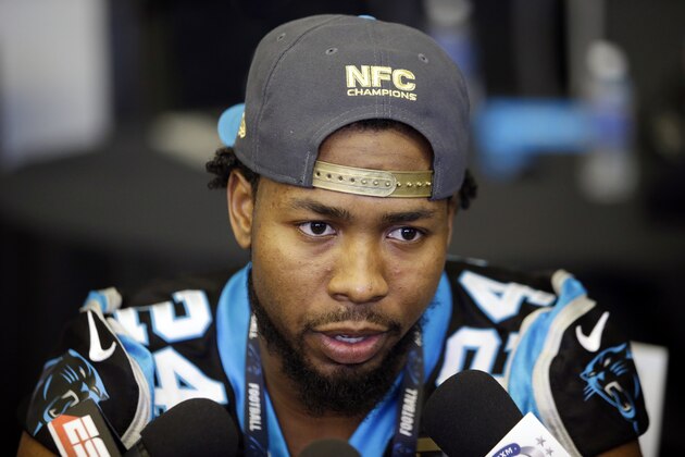 Carolina Panthers cornerback Josh Norman (24) during a press conference in preparation for the Super Bowl 50 football game Thursday Feb. 4, 2016 in San Jose, Calif. (AP Photo/Marcio Jose Sanchez)