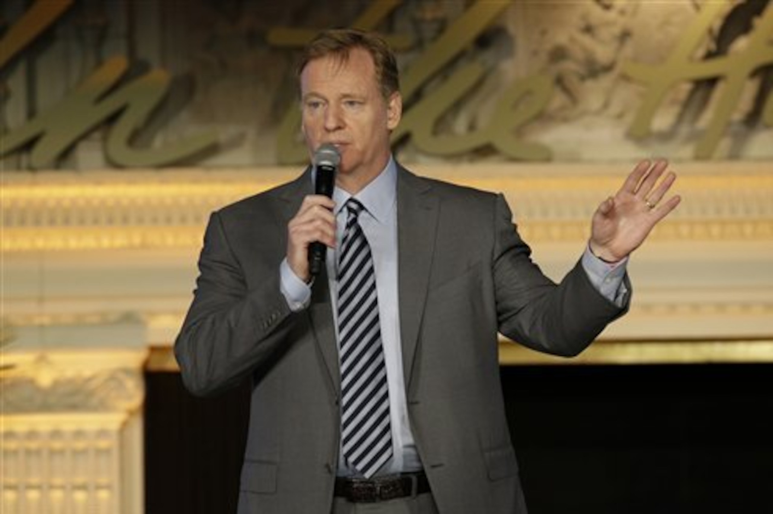 National Football League Commissioner Roger Goodell gestures while speaking before the NFL Womenโs Summit Thursday, Feb. 4, 2016, in San Francisco. (AP Photo/Ben Margot) National Football League Commissioner Roger Goodell gestures while speaking before the NFL Womenโs Summit Thursday, Feb. 4, 2016, in San Francisco. (AP Photo/Ben Margot)