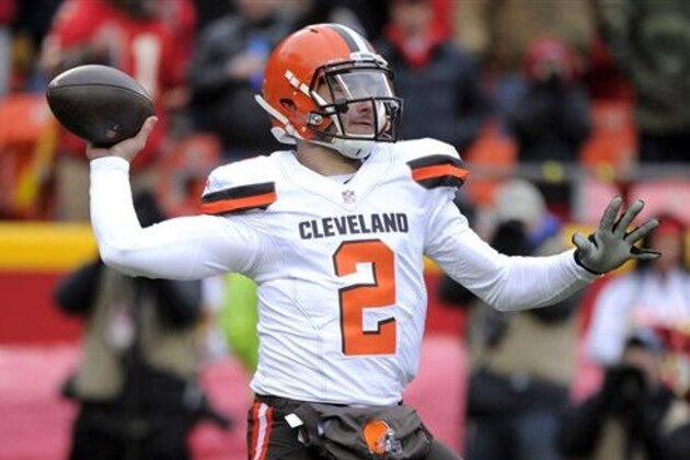 FILE - In this Dec. 27, 2015, file photo, Cleveland Browns quarterback Johnny Manziel (2) throws during the first half of an NFL football game against the Kansas City Chiefs in Kansas City, Mo. Manziel had a second straight troubling season with Cleveland, one that included him being benched for misbehavior off the field. Browns owner Jimmy Haslam Haslam said Manziel made “undeniable” progress as a starter, but the 2012 Heisman Trophy winner’s commitment remains a major question mark. (AP Photo/Ed Zurga, File)