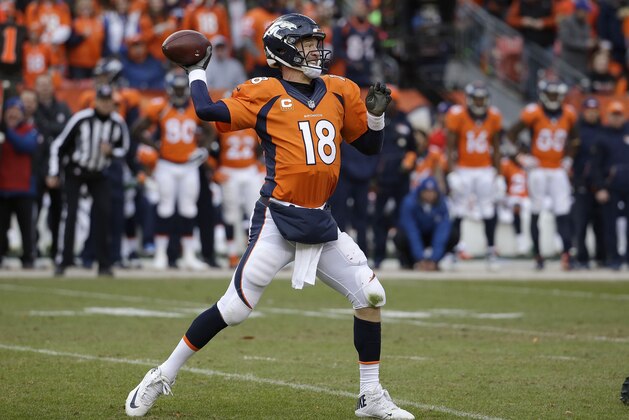 Denver Broncos quarterback Peyton Manning passes during the second half of the NFL football AFC Championship game between the Denver Broncos and the New England Patriots, Sunday, Jan. 24, 2016, in Denver. (AP Photo/Chris Carlson)