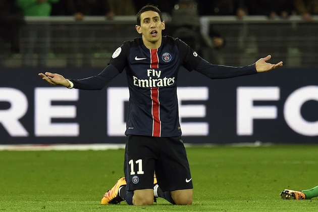 Paris Saint-Germain's Argentinian forward Angel Di Maria reacts during the Ligue1 football match between AS Saint-Etienne and Paris Saint-Germain, on January 31, 2016 at the Geoffroy Guichard stadium in Saint-Etienne, central France.  AFP PHOTO / PHILIPPE DESMAZES / AFP / PHILIPPE DESMAZES        (Photo credit should read PHILIPPE DESMAZES/AFP/Getty Images)