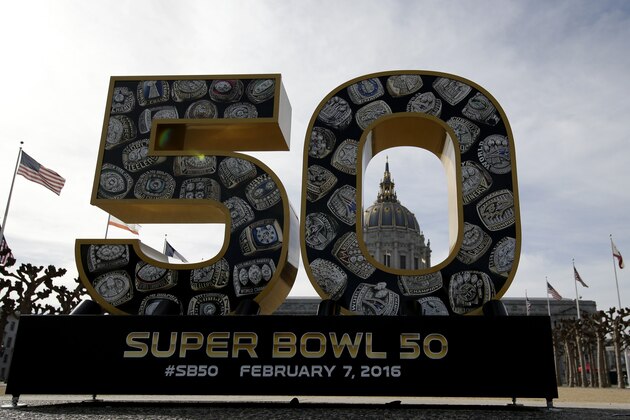 City Hall is framed by a Super Bowl 50 Thursday, Feb. 4, 2016, in San Francisco. (AP Photo/Charlie Riedel)