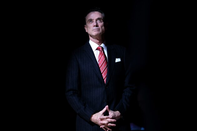 LOUISVILLE, KY - FEBRUARY 01:  Rick Pitino the head coach of the Louisville Cardinals is introduced before the game against the North Carolina Tar Heels at KFC YUM! Center on February 1, 2016 in Louisville, Kentucky.  (Photo by Andy Lyons/Getty Images)
