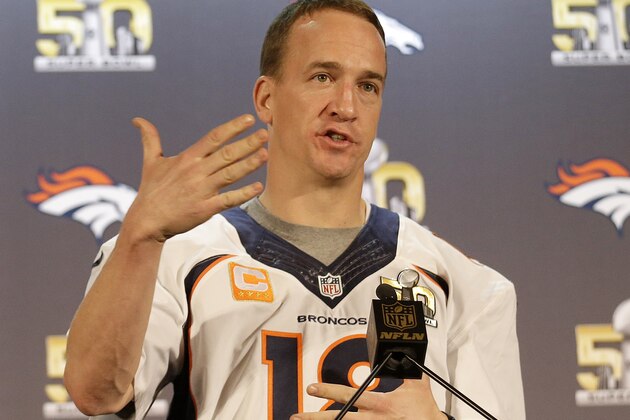 Denver Broncos quarterback Peyton Manning speaks to reporters in Santa Clara, Calif., Thursday, Feb. 4, 2016. (AP Photo/Jeff Chiu) Denver Broncos quarterback Peyton Manning speaks to reporters in Santa Clara, Calif., Thursday, Feb. 4, 2016. (AP Photo/Jeff Chiu)