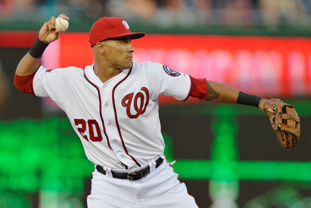 Apr 22, 2015; Washington, DC, USA; Washington Nationals shortstop Ian Desmond (20) throws to first base for the force out of St. Louis Cardinals shortstop Jhonny Peralta (not pictured) during the second inning at Nationals Park. Mandatory Credit: Tommy Gilligan-USA TODAY Sports