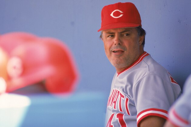 SEPTEMBER,1990: Manager Lou Piniella of the Cincinnati Reds sits in the dugout during a September,1990 season game against the Los Angeles Dodgers at Dodger Stadium in Los Angeles, California. Lou Piniella managed the Cincinnati Reds from 1990-1992. (Photo by: Andrew D. Bernstein/Getty Images)