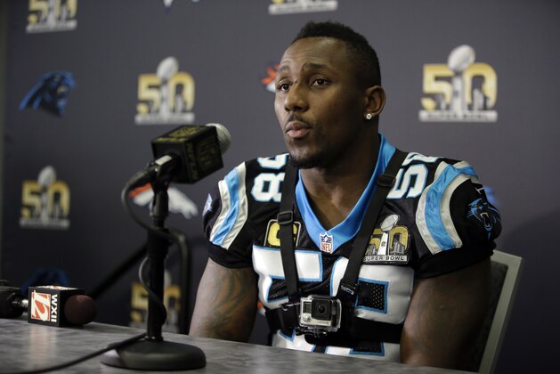 Carolina Panthers outside linebacker Thomas Davis (58) during a press conference Wednesday, Feb. 3, 2016 in San Jose, Calif. Carolina plays the Denver Broncos in the NFL Super Bowl 50 football game Sunday, Feb. 7, 2015, in Santa Clara, Calif. (AP Photo/Marcio Jose Sanchez)
