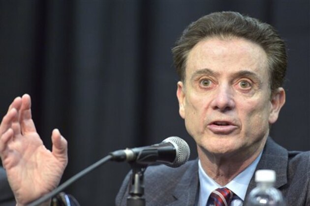 Louisville head basketball coach Rick Pitino speaks to the media following the University's announcement that they will be self-imposing a ban on postseason play for the 2015-16 season, Friday, Feb. 5, 2016, in Louisville Ky. Louisville announced a one-year postseason ban for its men's basketball team amid ongoing investigations into a sex scandal in which an escort alleged that a former staffer paid her and other dancers to strip and have sex with recruits and players. (AP Photo/Timothy D. Easley)