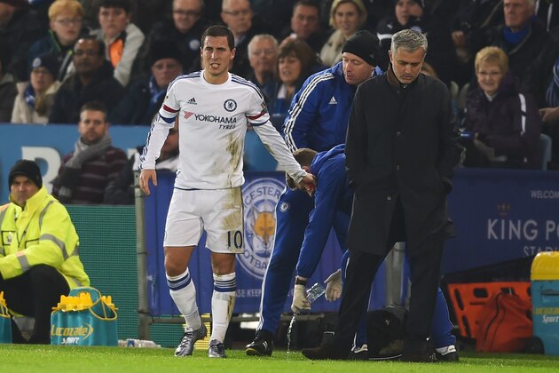LEICESTER, ENGLAND - DECEMBER 14:  Jose Mourinho the manager of Chelsea speaks with Eden Hazard of Chelsea as he receives medical treatment during the Barclays Premier League match between Leicester City and Chelsea at the King Power Stadium on December14, 2015 in Leicester, United Kingdom.  (Photo by Laurence Griffiths/Getty Images)