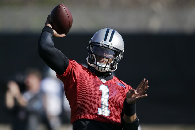 Carolina Panthers quarterback Cam Newton (1) throws during practice in preparation for the Super Bowl 50 football game Friday Feb. 5, 2016 in San Jose, Calif. (AP Photo/Marcio Jose Sanchez)