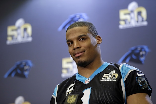 Carolina Panthers quarterback Cam Newton (1) answers questions during a press conference Wednesday, Feb. 3, 2016 in San Jose, Calif. Carolina plays the Denver Broncos in the NFL Super Bowl 50 football game Sunday, Feb. 7, 2015, in Santa Clara, Calif. (AP Photo/Marcio Jose Sanchez)