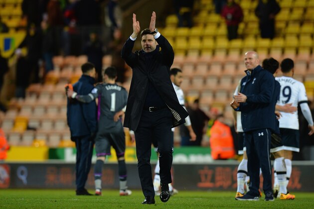NORWICH, ENGLAND - FEBRUARY 02:  Mauricio Pochettino, Manager of Tottenham Hotspur applauds the fans after the final whistle during the Barclays Premier League match between Norwich City and Tottenham Hotspur at Carrow Road on February 2, 2016 in Norwich, England.  (Photo by Tony Marshall/Getty Images)