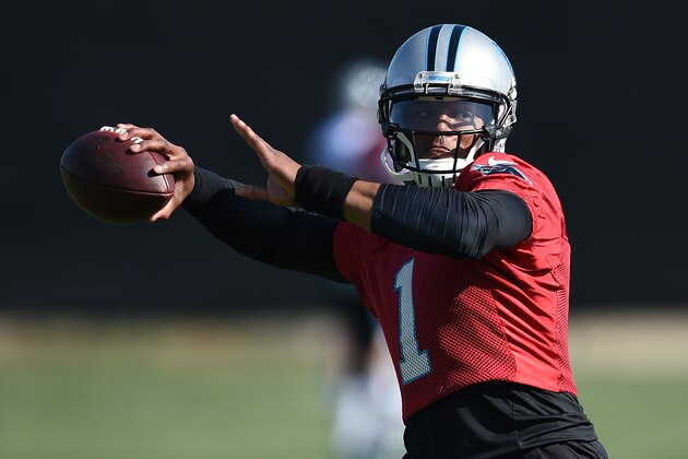 SAN JOSE, CA - FEBRUARY 05:  Quarterback Cam Newton #1 of the Carolina Panthers participates in drills during practice prior to Super Bowl 50 at San Jose State University on February 5, 2016 in San Jose, California. The Carolina Panthers face the Denver Broncos in Super Bowl 50 on February 7. (Photo by Thearon W. Henderson/Getty Images)