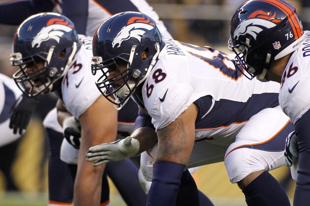 PITTSBURGH, PA - DECEMBER 20:  Ryan Harris #68 of the Denver Broncos in action during the game against the Pittsburgh Steelers on December 20, 2015 at Heinz Field in Pittsburgh, Pennsylvania.  (Photo by Justin K. Aller/Getty Images)